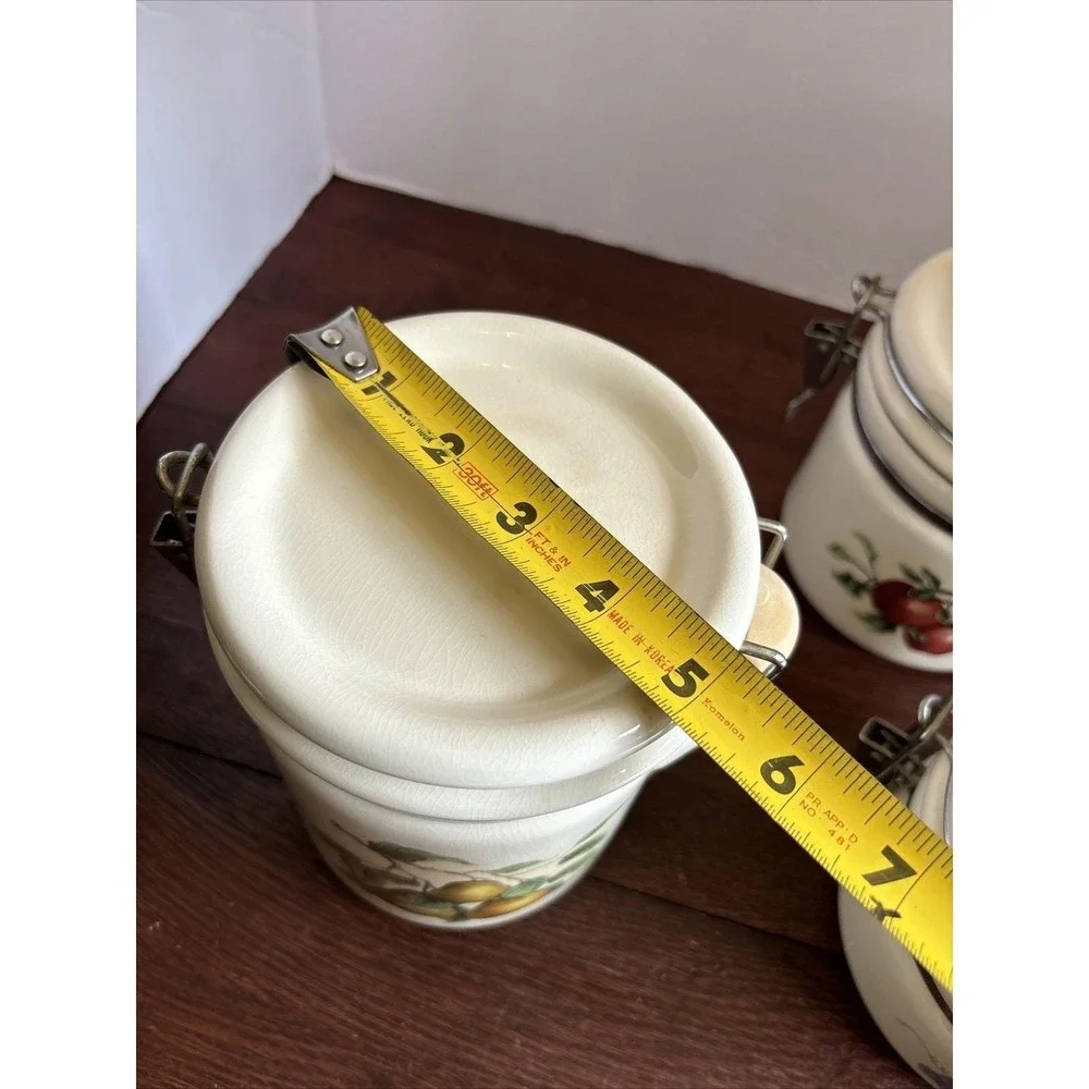 Vintage Ceramic Food Canister Set Pears Apples Grapes‎ With Wooden Spoons